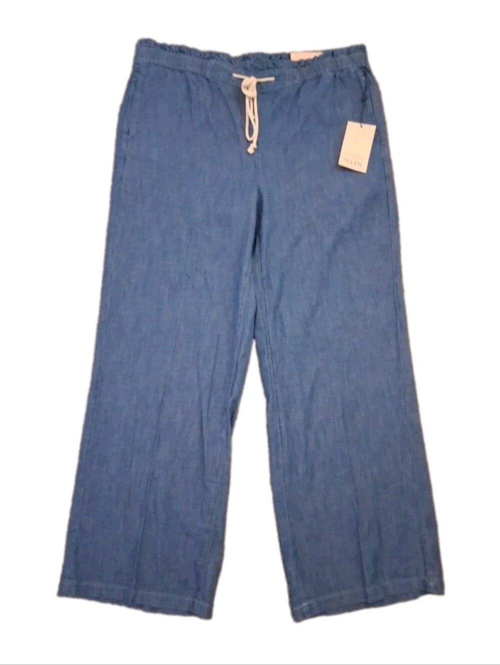 New NYDJ Teresa Cotton Drawstring Ruffle Waist Wide Leg Pants 16